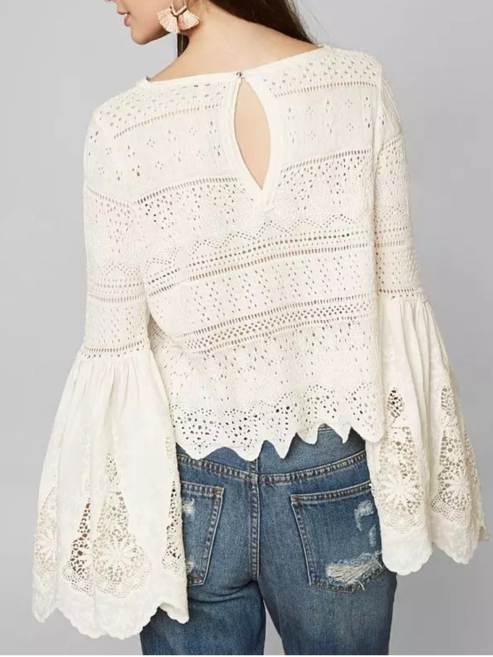 Free People Once Upon a Time Ivory Lace Crochet Bell Sleeve Top - Picture 2 of 14